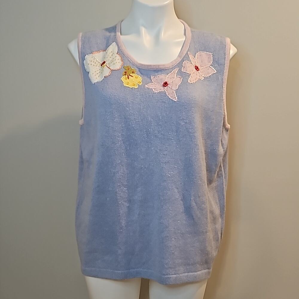 Vintage Storybook Knits Floral Embroidered Sleeveless Sweater Vest Blue/Pink 1X